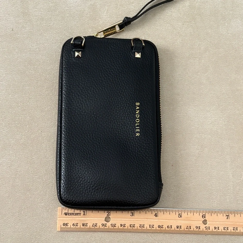 Bandolier Black Leather Phone Pouch with Gold Accents